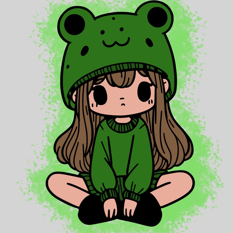 a girl wearing a frog hat and some frog socks
