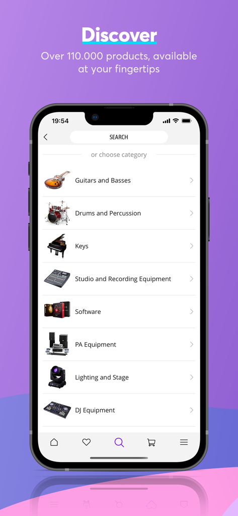Thomann Official app screen showing a variety of musical instrument categories including guitars, drums, keys, and studio equipment