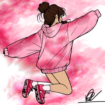realistic girl jumping with a bun and oversized sweatshirt