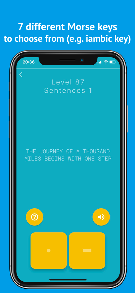 Morse Mania: Learn Morse Code - Morse Mania app interface showing level 87 where a user practices sending a sentence using dot and dash buttons