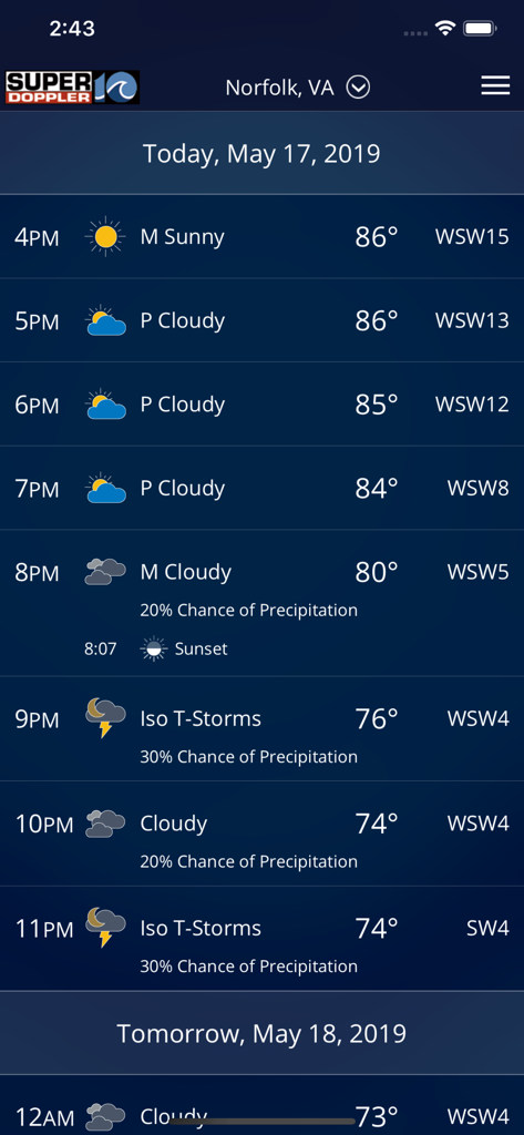 Hourly weather forecast screen for Norfolk Virginia showing temperatures and storm chances
