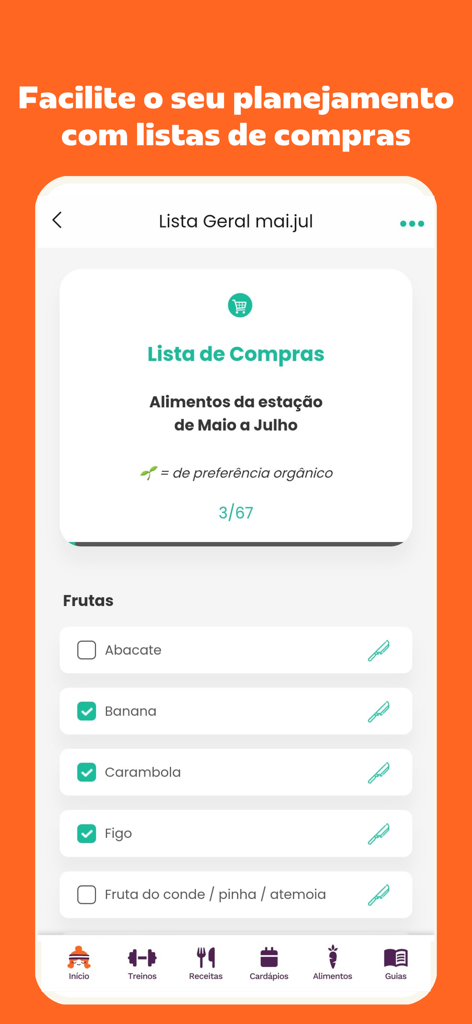 Superela: Exercícios, Receitas - Superela app interface showing a seasonal grocery shopping list with a selection of fruits for meal planning