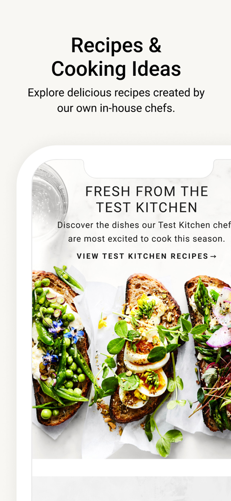 Williams Sonoma app interface showcasing seasonal recipes and cooking ideas from their test kitchen.