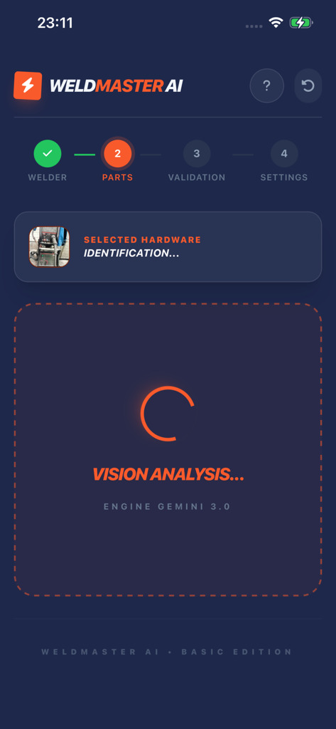 Weldmaster AI - Aplicativo Weldmaster AI realizando análise de visão para identificar peças de soldagem