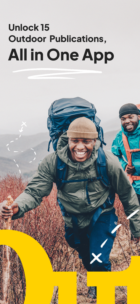 2人の幸せなハイカーと、1つのアプリで15のアウトドア出版物をアンロックするテキスト