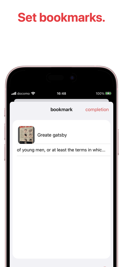 Tela de um smartphone exibindo o recurso de gerenciamento de favoritos do aplicativo Scan Speak com uma entrada salva para um livro.