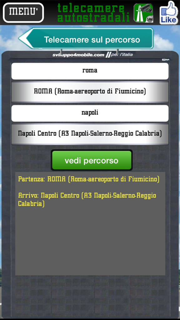 Video Telecamere strade ed autostrade - Interfaccia dell'app mobile che mostra un percorso da Roma a Napoli per controllare le telecamere del traffico autostradale