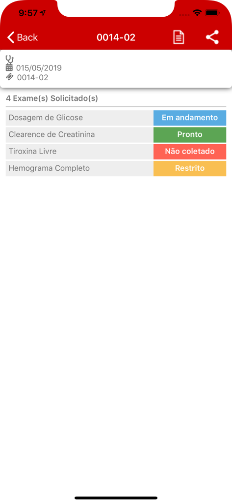 Laboratório Clementino Fraga - Tela do aplicativo móvel exibindo resultados de exames de laboratório e seu status atual, como em andamento, pronto e não coletado