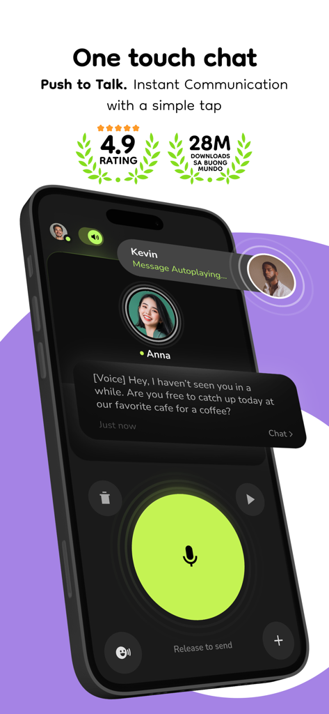 Buz app interface showing the one-touch push-to-talk voice messaging screen