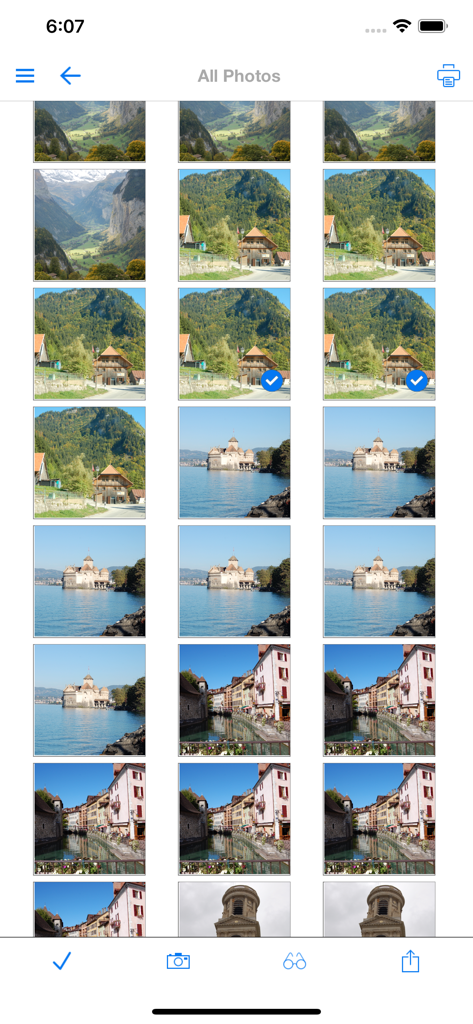 Interface da galeria de fotos no Print n Share Pro mostrando várias imagens selecionadas prontas para impressão