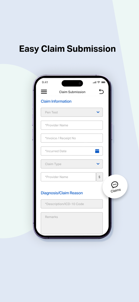 Howden MediHub mobile app screenshot showing the easy claim submission form for employee healthcare insurance.