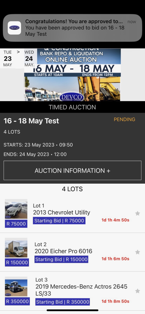 Devco Online - Mobile screen of Devco Online app showing auction lots for commercial vehicles and a bid approval notification