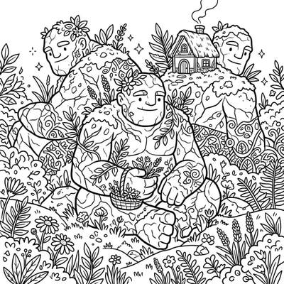 Journey into a magical forest where friendly Stone Giants are one with nature, surrounded by lush cottagecore charm. This delightful coloring page invites you to bring a tranquil, rustic scene to life with your favorite colors.