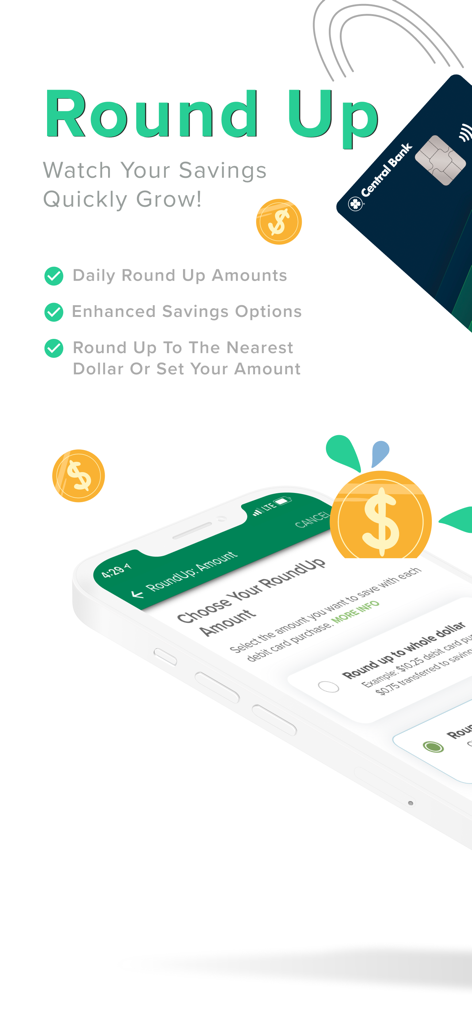 Central Bank - Mobile - Central Bank mobile app interface showing the RoundUp automatic savings feature