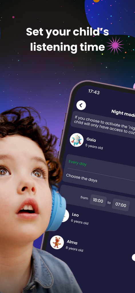 Alma Studio: Listen & Relax - Parental controls in the Alma Studio app showing night mode settings and a child with headphones