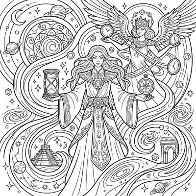 Unleash your creativity with this captivating coloring page featuring mythical time travelers, powerful deities, and celestial beings. Explore a rich tapestry of swirling temporal energies, cosmic landscapes, and symbolic elements from various historical eras.