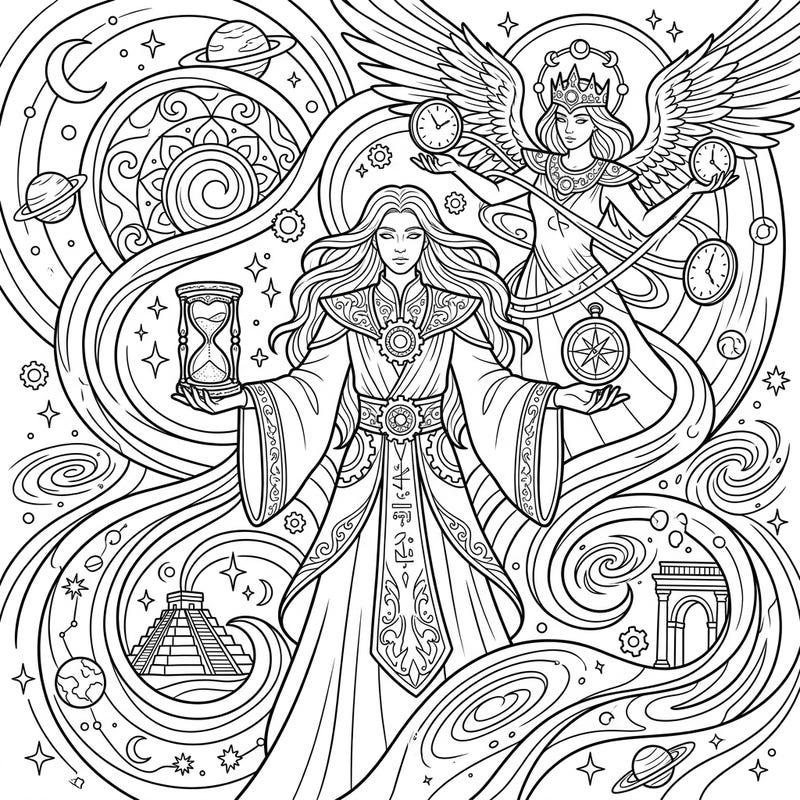 Unleash your creativity with this captivating coloring page featuring mythical time travelers, powerful deities, and celestial beings. Explore a rich tapestry of swirling temporal energies, cosmic landscapes, and symbolic elements from various historical eras.