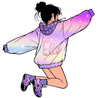 realistic girl jumping with a bun and oversized sweatshirt