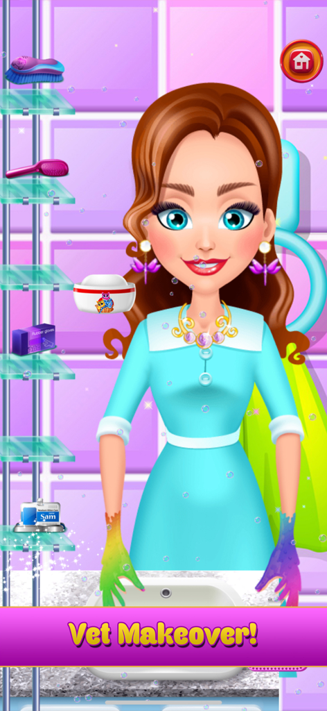 아기 고양이 돌보기 게임의 수의사 변신 레벨 중인 만화 캐릭터.