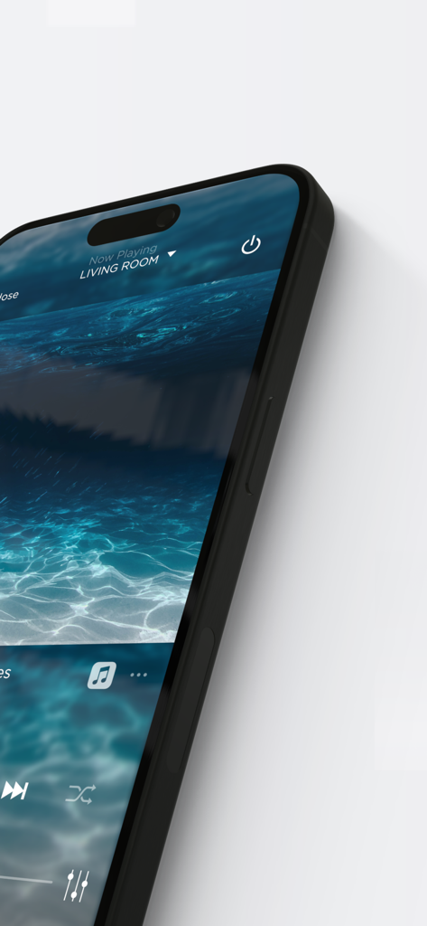 Savant - Smartphone displaying the Savant Pro app music control interface for a luxury living room.