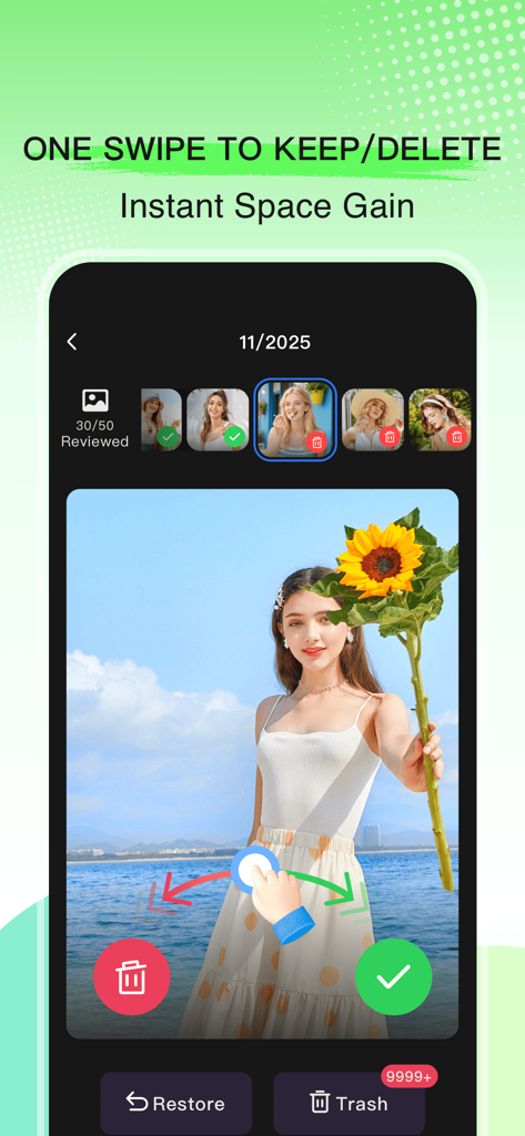 Mobile app interface showing a swipe gesture to delete or keep photos for quick storage management