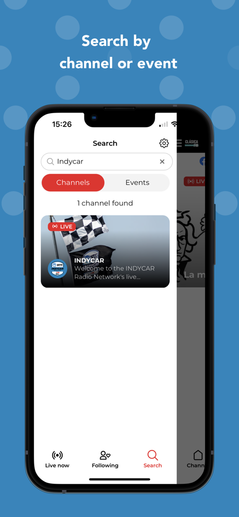 Mixlr - Social Live Audio - Pantalla de búsqueda de la aplicación Mixlr mostrando resultados para el canal de audio en vivo de Indycar.