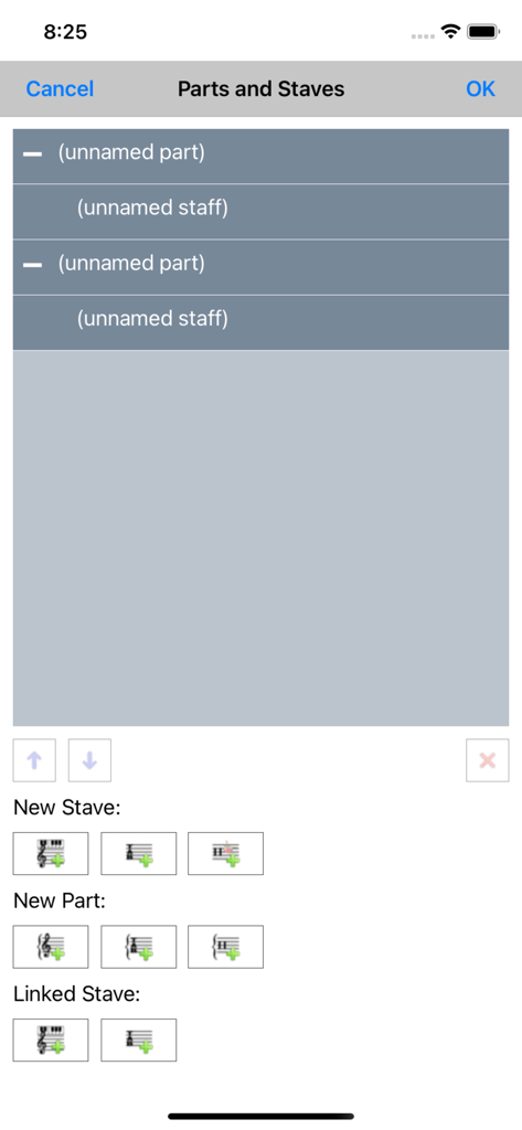 Crescendo Music - Oberfläche zum Hinzufügen und Organisieren von Musikparts und Notensystemen in Crescendo Music