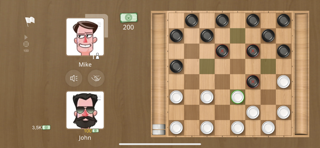 Multiplayer checkers match in progress with minimalistic design and player avatars
