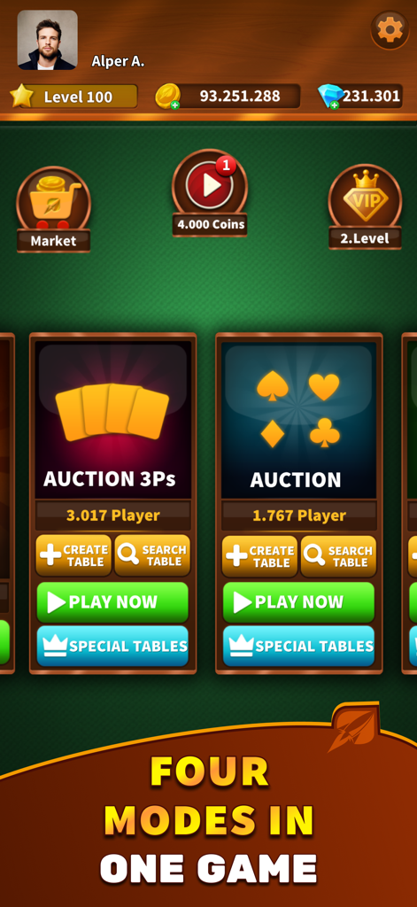 Main lobby of Batak Online HD showing different auction game modes and player stats