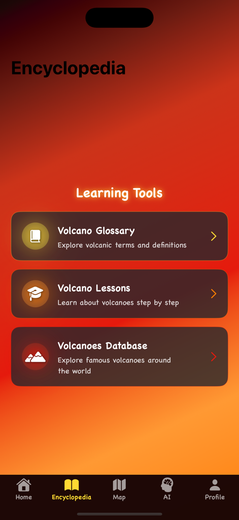 The encyclopedia screen of the Lava Explorer app featuring volcano learning tools including a glossary and lessons