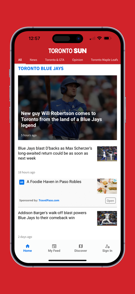 Toronto Sun mobile app home screen showing a feed of Toronto Blue Jays baseball news and articles