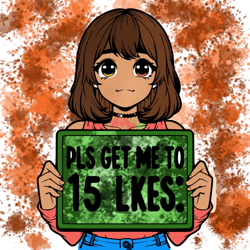 realistic girl holding up a sign that says “pls get me to 15 likes!”