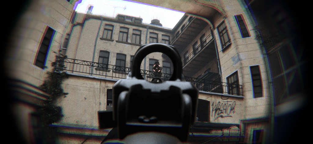 First person tactical view through a red dot sight in HeadOn Body Cam Shooter Game.