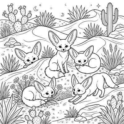 Delight in the captivating world of fennec foxes with this charming coloring page, showcasing these adorable creatures in their desert home. Perfect for animal lovers, this intricate design promises hours of creative engagement.