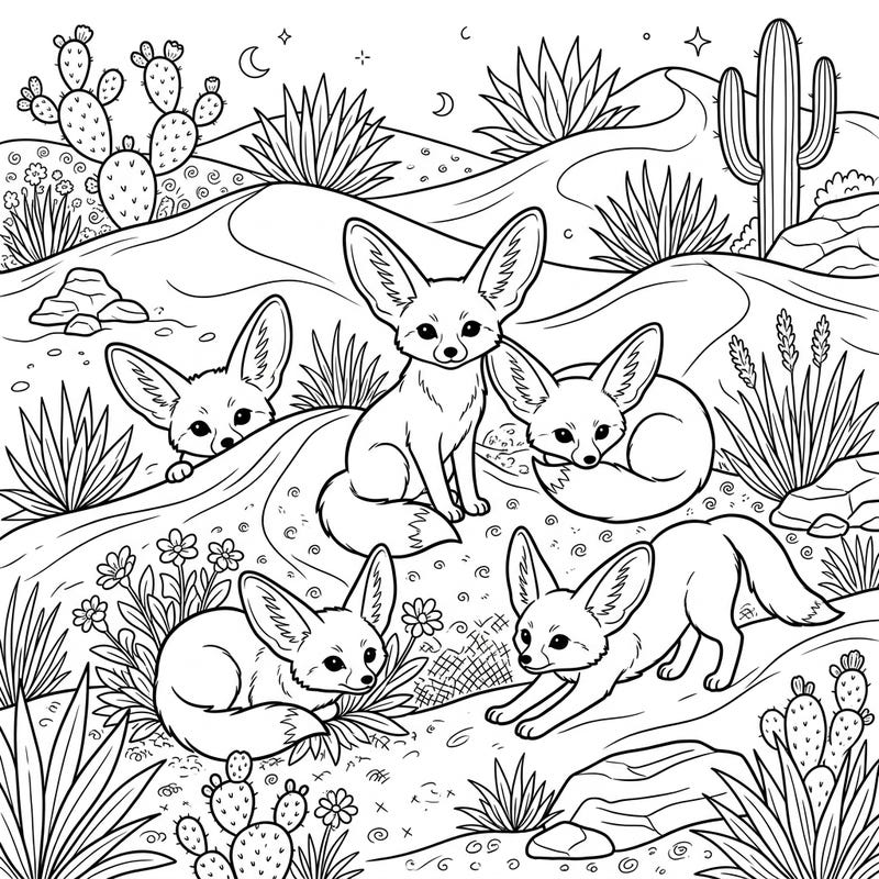 Delight in the captivating world of fennec foxes with this charming coloring page, showcasing these adorable creatures in their desert home. Perfect for animal lovers, this intricate design promises hours of creative engagement.