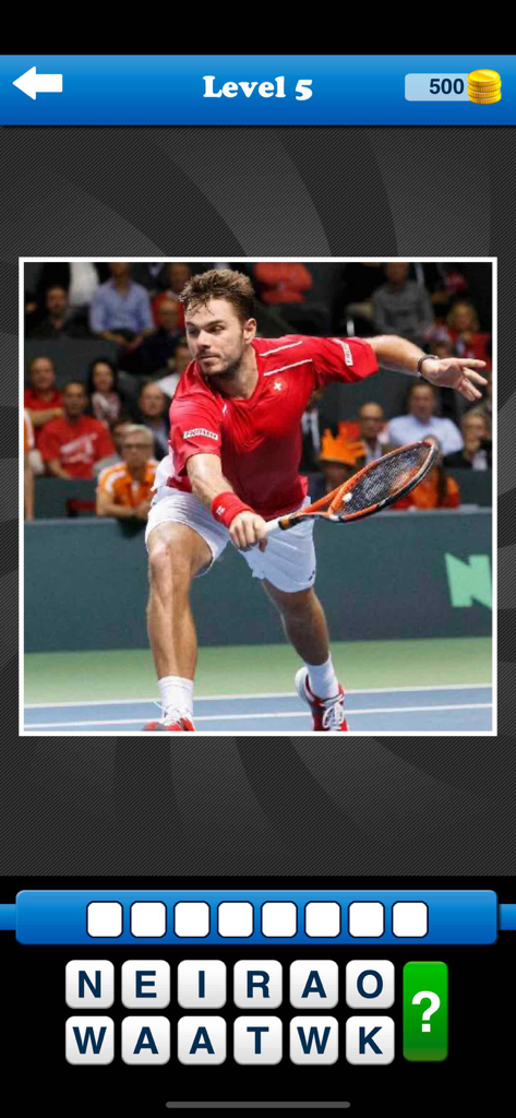 Whos the Player? Tennis Quiz! - Gameplay screenshot of a tennis player identification quiz at level 5 featuring a photo of a professional player and letter tiles
