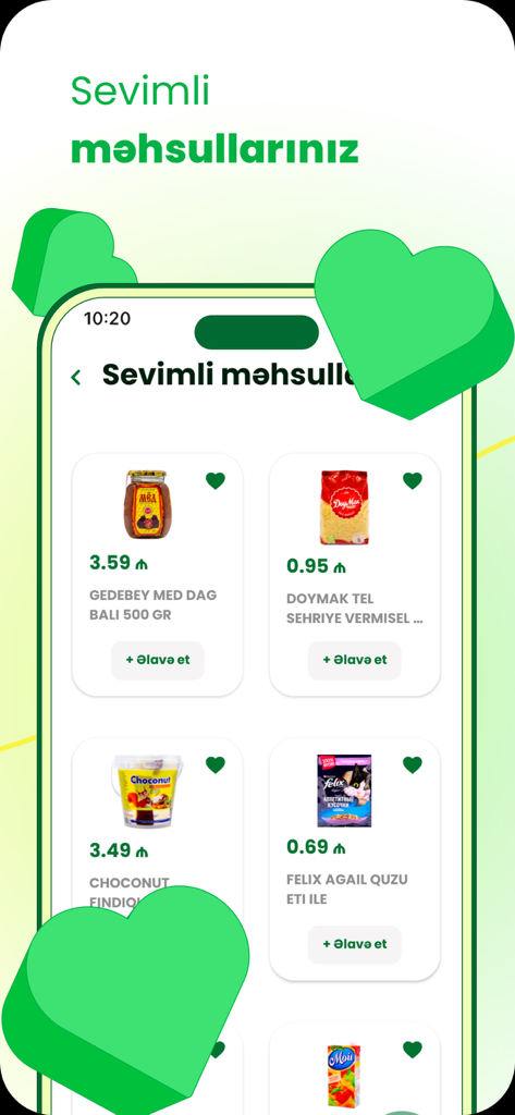 아제르바이잔 마나트로 표시된 가격으로 좋아하는 식료품 목록을 보여주는 OBA 마켓 모바일 앱 화면