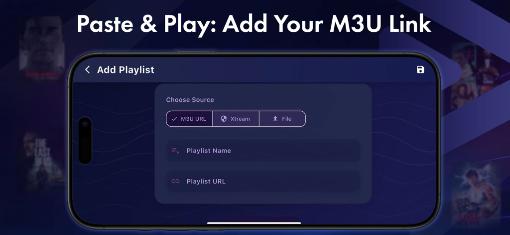 OTT Nav Tivimain IPTV Smarters - Interface for adding an M3U playlist link in the IPTV player app