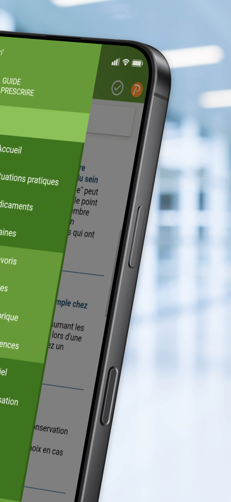 Guide Prescrire - Side menu of the Guide Prescrire mobile app displaying clinical resource categories in French