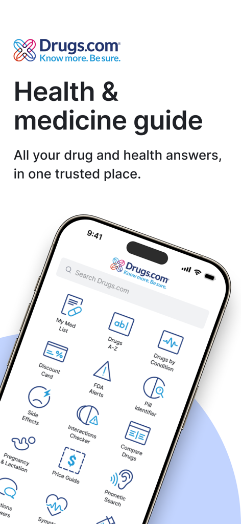 Interface de l'application Guide des médicaments de Drugs.com présentant des outils médicaux tels que l'identificateur de pilules et le vérificateur d'interactions.