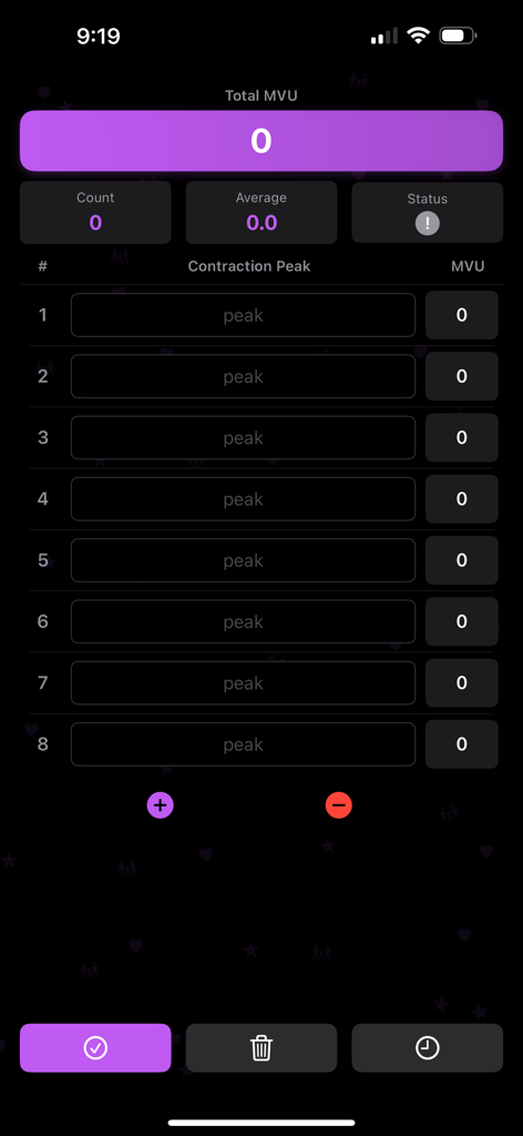 The main interface of the MVU Calculator Pro app showing input fields for uterine contraction peaks and total calculation results