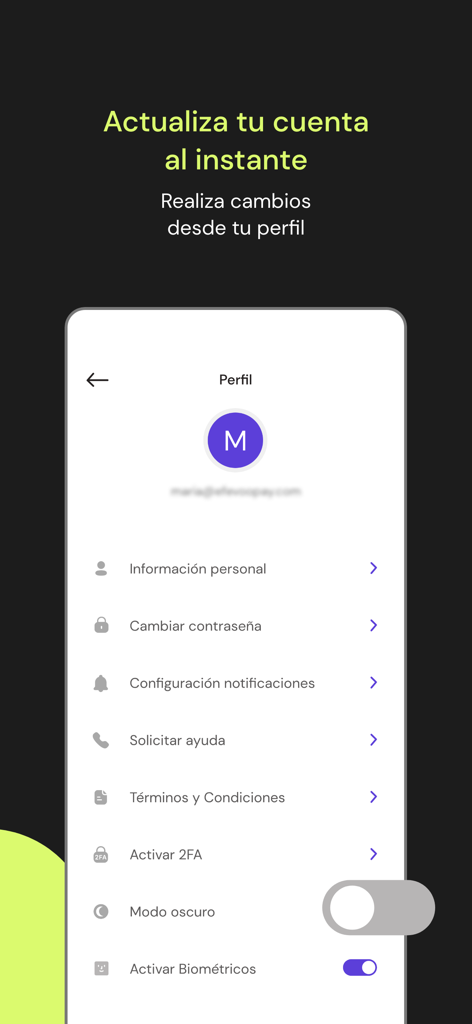 Efevoo Pay - Efevoo Pay app profile menu showing security and account settings in Spanish