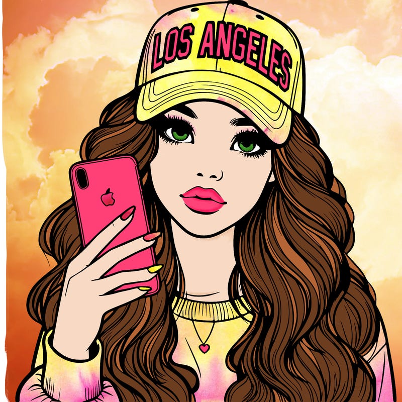 realistic beautiful girl wearing los ángeles cap holding an iphone