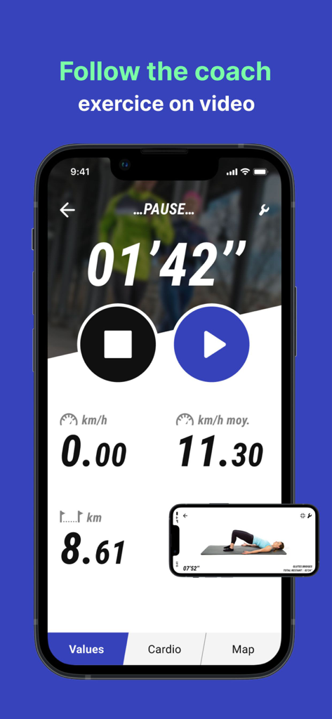 Interface de l'application Decathlon Coach montrant les métriques d'entraînement et une démonstration vidéo d'un exercice de fitness.