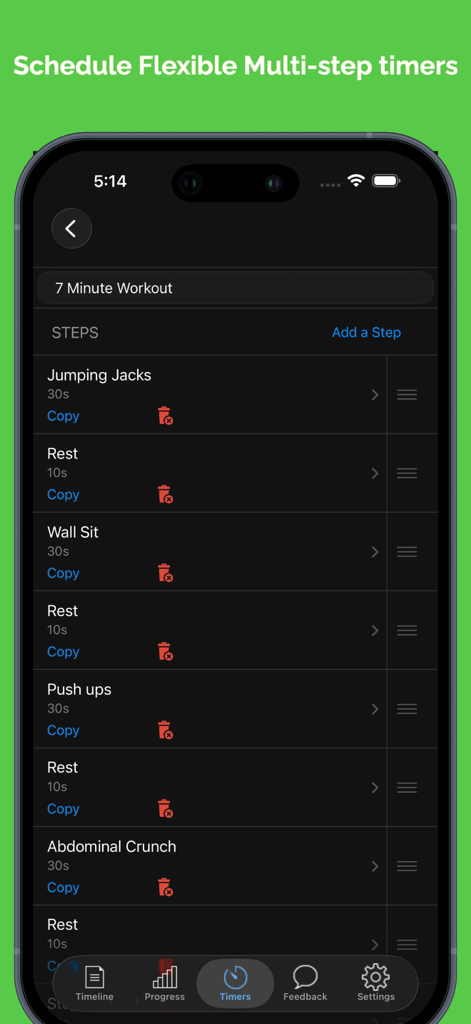 Habit Hub: Routine & Schedule - Interfaz de temporizador de múltiples pasos para ejercicio en la aplicación Habit Hub que muestra los pasos y duraciones del ejercicio