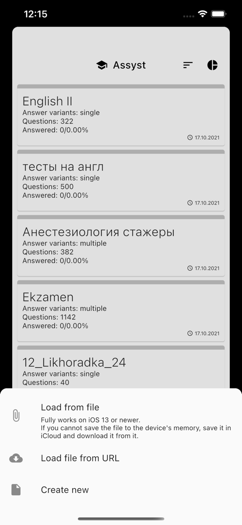 Assyst – testing and exams - Dashboard of the Assyst app showing a list of exams and a menu with options to load or create tests