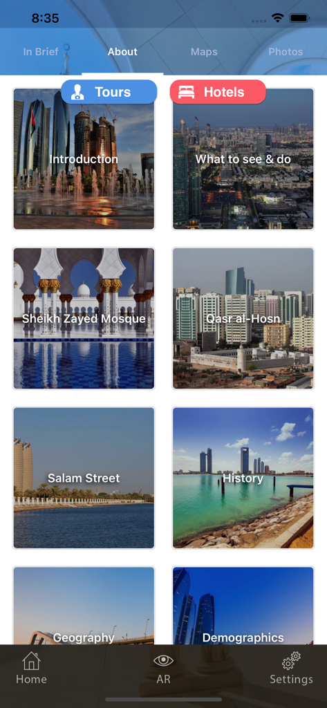 셰이크 자이드 모스크 및 지역 역사 등 정보 카테고리 그리드를 보여주는 아부다비 여행 가이드 앱