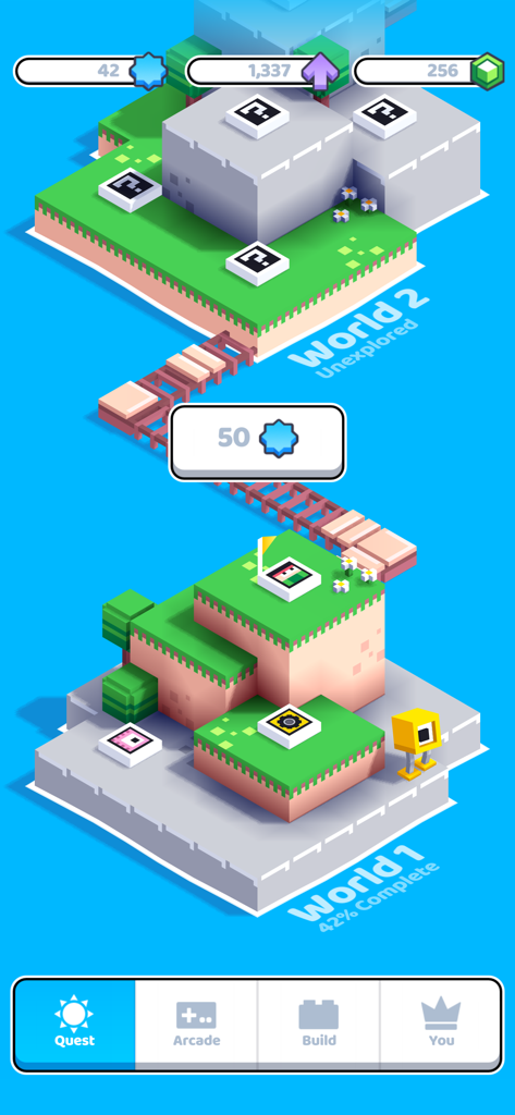 El modo misión de Fancade mostrando niveles y la progresión del mapa del mundo