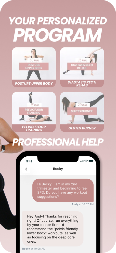 Good for the Swole - Good for the Swole app interface showing specialized workout modules and a professional chat support feature