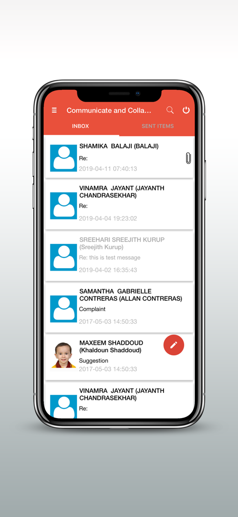 Orison School V2 app messaging inbox with list of school communications
